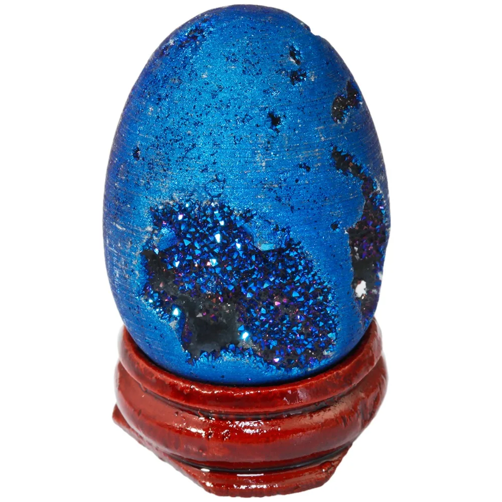 TUMBEELLUWA Blue Titanium Coated Druzy Geode Sphere,Crystal Quartz Agate Egg 40x30mm,Sculpture Figurine with Wood Stand