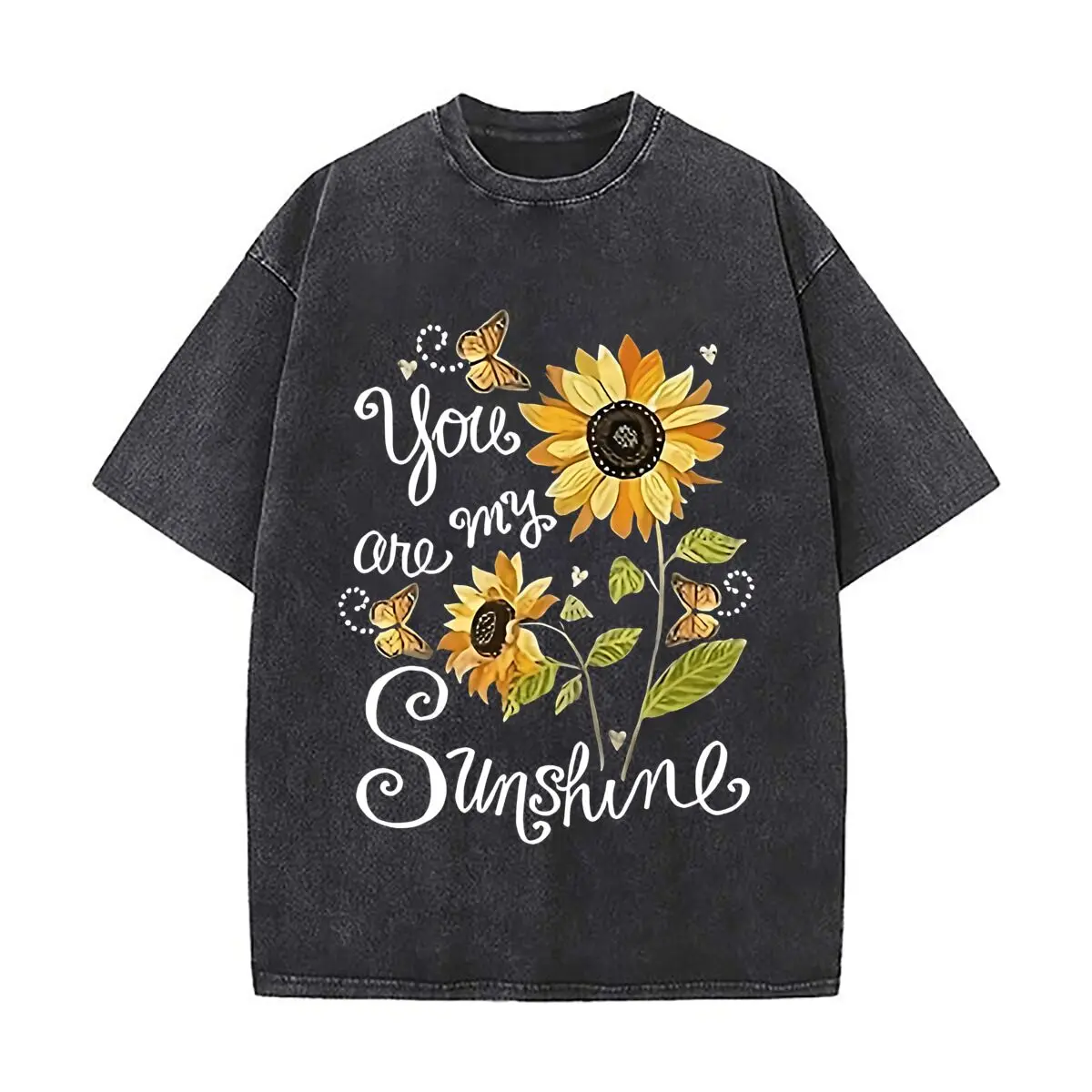 You Are My Sunshine Sunflower Butterfly Washed Vintage Short Sleeve Loose Streetwear Tee