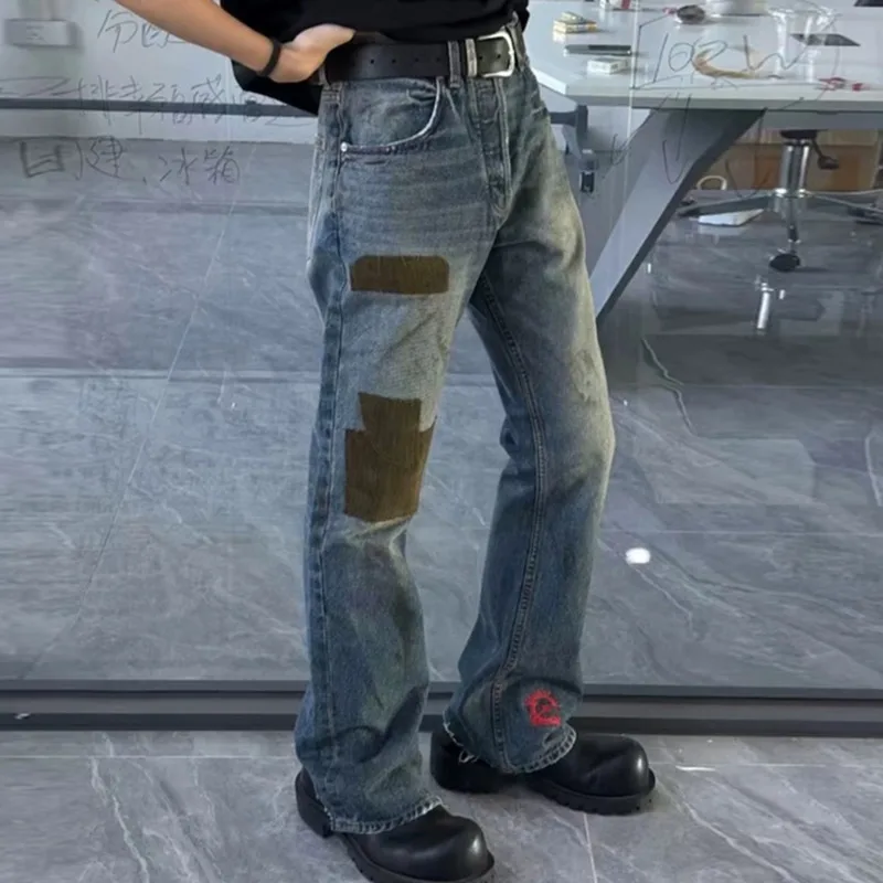 HKSH 春秋オリジナルデザインコーデュロイパッチワーク刺繍ファッションデニムパンツユニセックスウォッシュヴィンテージブーツカットジーンズ HK7930