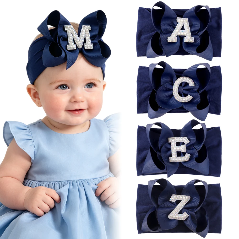 Bling Crystal Letter Baby Bow Headbands Satin Bow Elastic Wide Hairbands Newborn Infant Girls Party Hair Decor