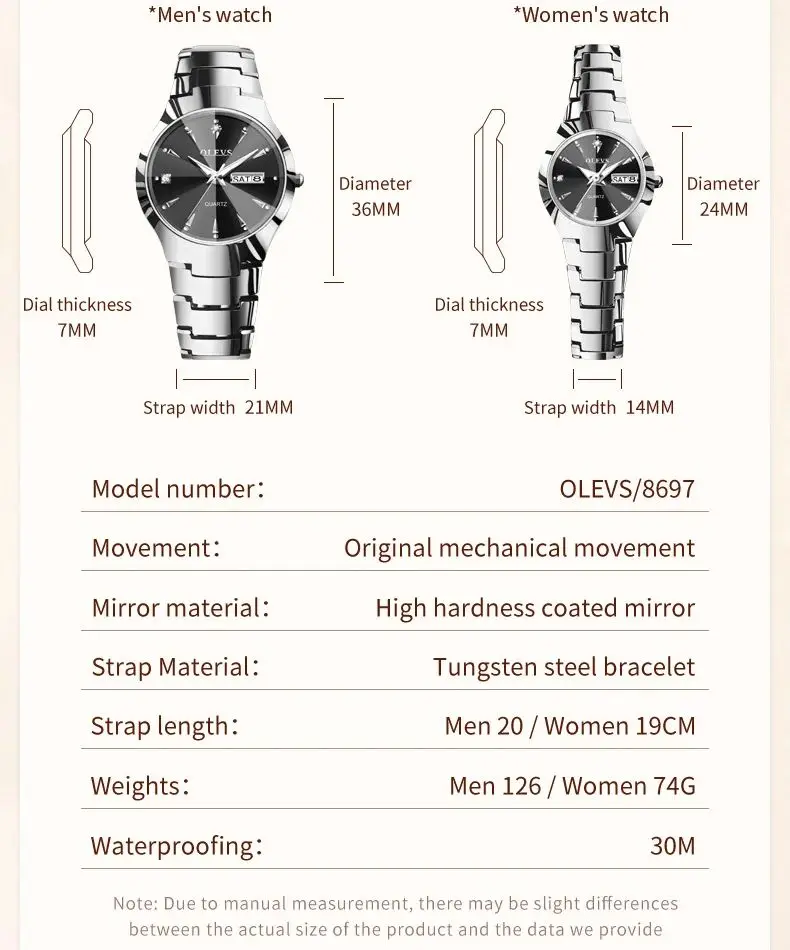 OLEVS 8697 Luxury Couple Watch Tungsten Steel Strap Fashion Waterproof Calendar Diamond dial Lover's Quartz Watch for Men Women