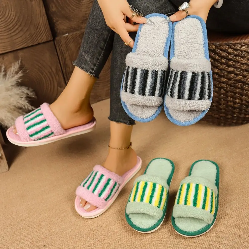 

Уютные теплые тапочки в полоску, лоскутные зимние домашние тапочки на толстой подошве, нескользящие пушистые мягкие домашние тапочки, зимние