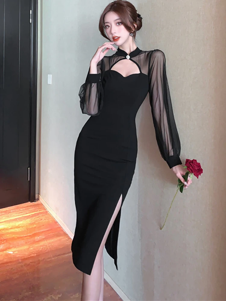 Autunno inverno nero Vintage Hepburn abito da sera moda donna Patchwork Hollw Out abito Sexy 2024 abiti lunghi eleganti coreani