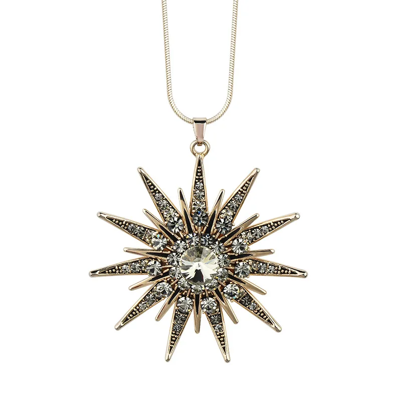 ひまわりセーターチェーン、フェミニンな魅力、ロングネックレス、クリスタルペンダントネックレス