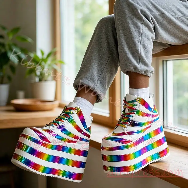 Platform Rainbow Sneaker High Top Lace Up Height Increasing Alt Fashion Statement Footwear Cosplay Streetwear Women Shoes Sexy