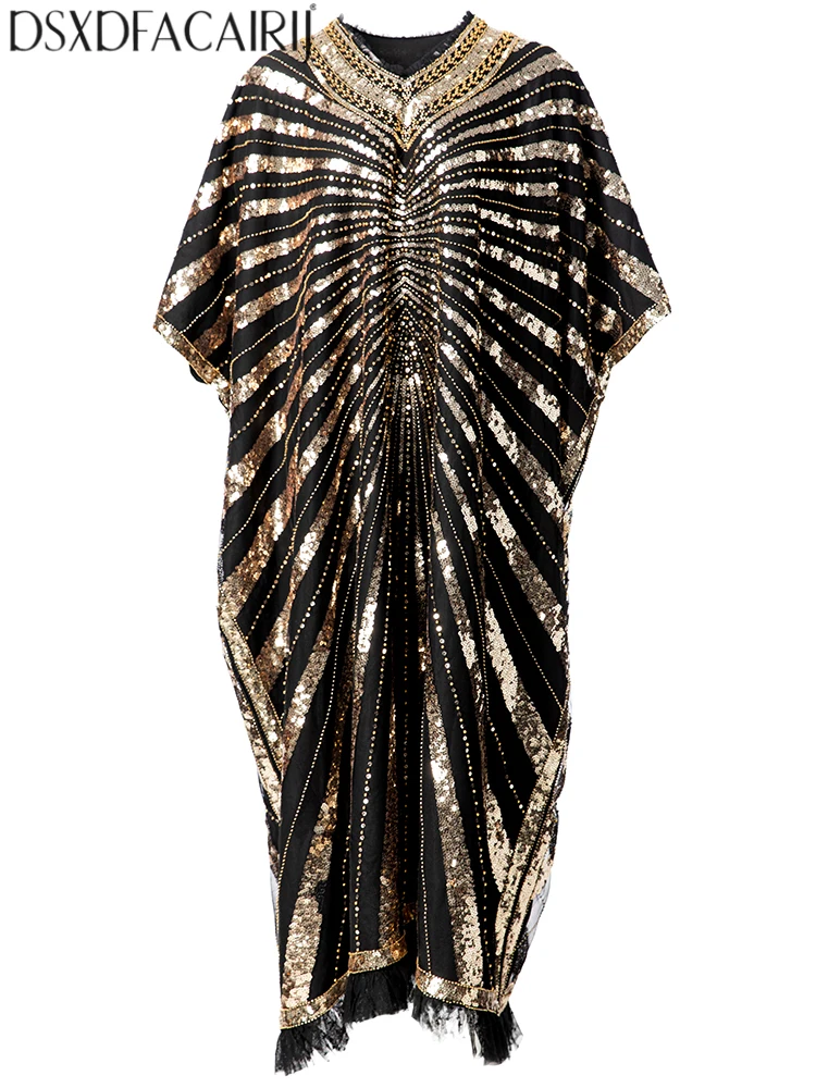 DSXDFACAIRIJ Women's V-neck Batwing Sleeves Position Sequins Beading Embroidered High Street Mesh Maxi Dresses Autumn Females