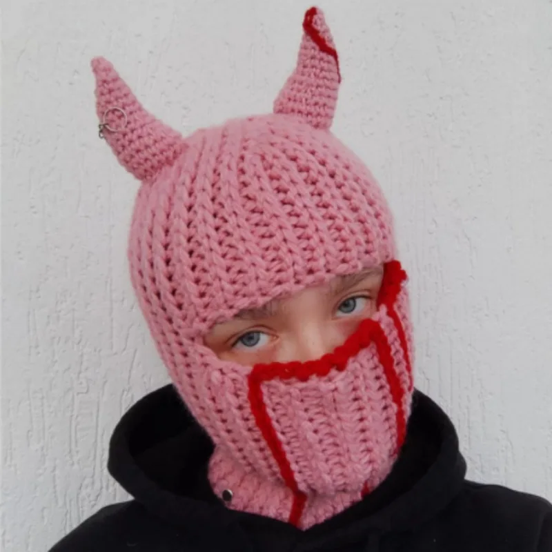 

New Handmade Knitted Halloween Party Fun Strange Wind Parent-child Horn Mask All In One Wool Cap