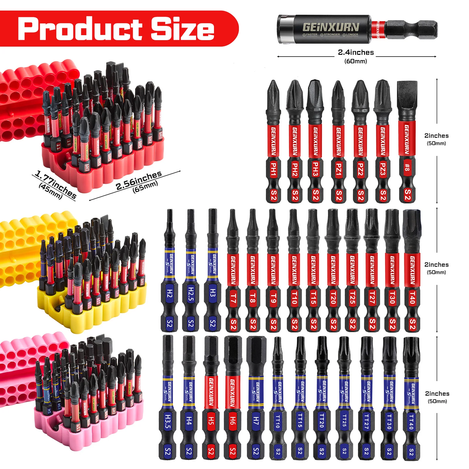 Geinxurn 33PCS Impact Screwdriver Bits Set, 2” Magnetic （PH/PZ/Torx/Hex/Slotted) S2 Steel Bits with Bit Holder & Soft Base