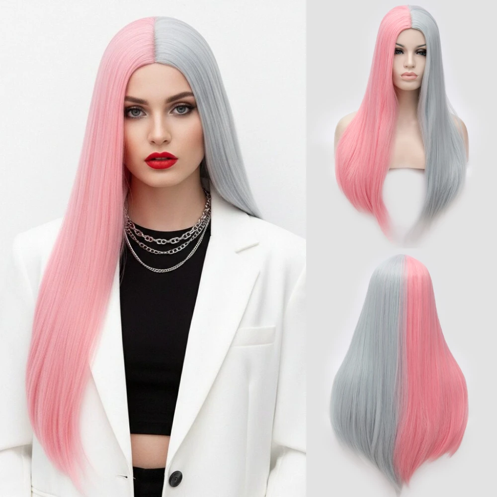 

Women's Long Straight With Bang Pink And Gray Two Tone Synthetic Wig Heat Resistant for Cosplay Halloween Party