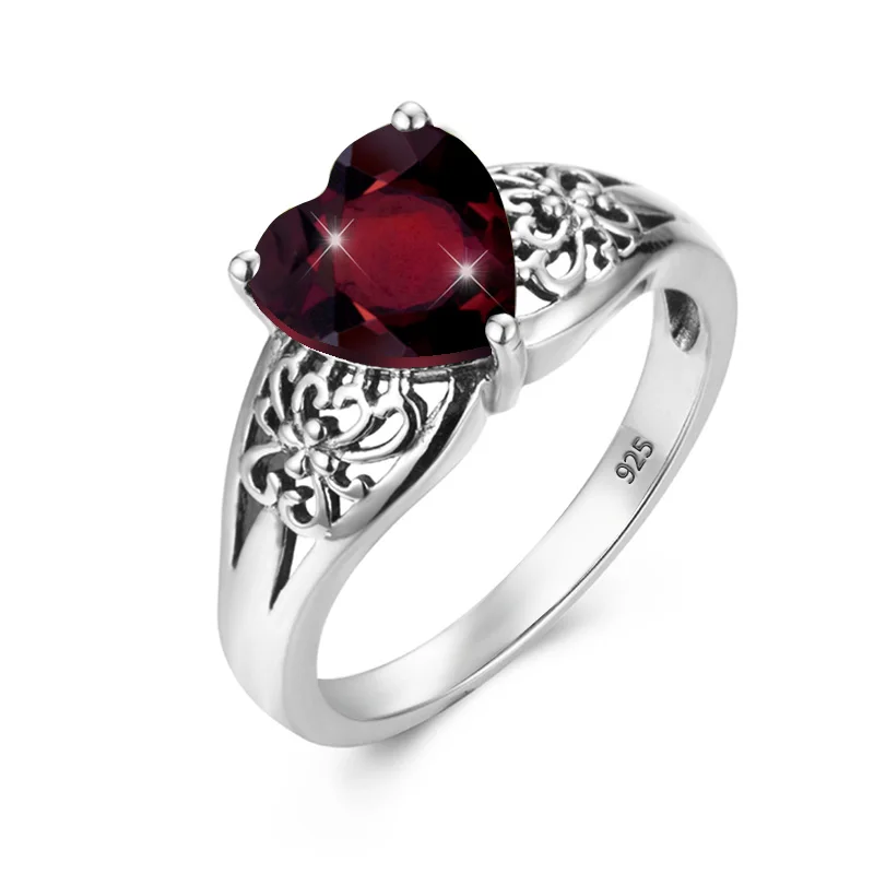 

Vintage Hollow Floral Filigree S925 Silver Ring Natural Heart Shape Red Garnet Women's Ring Romantic Love Birthday Jewelry ﻿