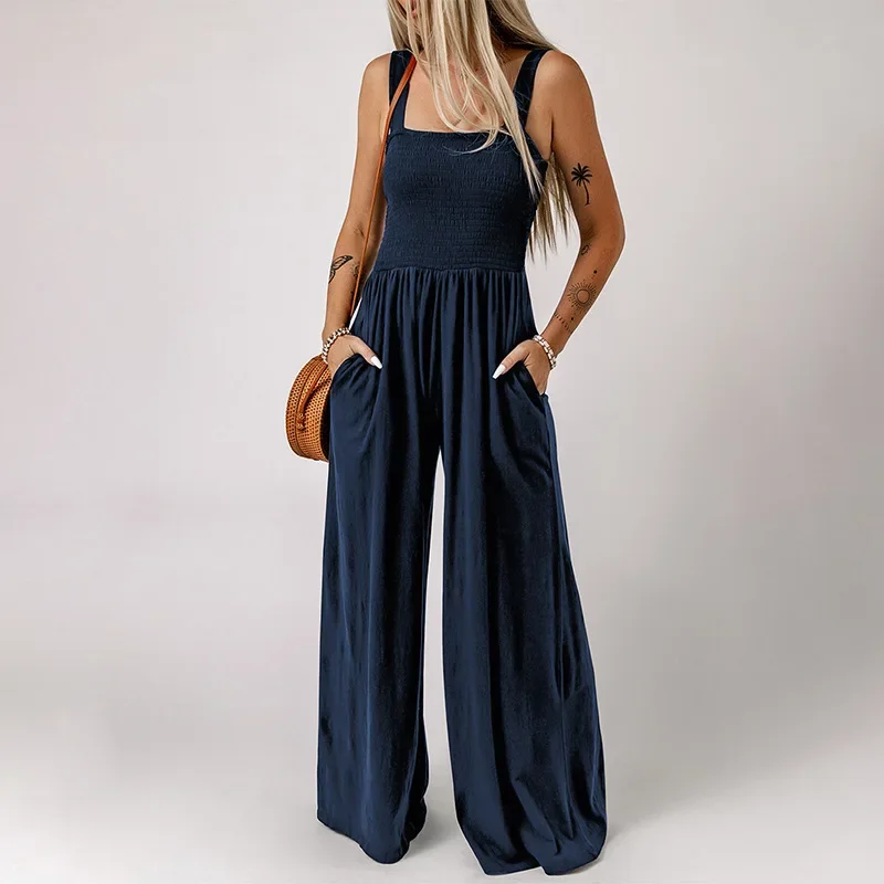 Wide Leg Jumpsuit with Pockets Women Black Smocked Sleeveless Folds Rompers One Piece Suspenders High Waist Pants Overalls