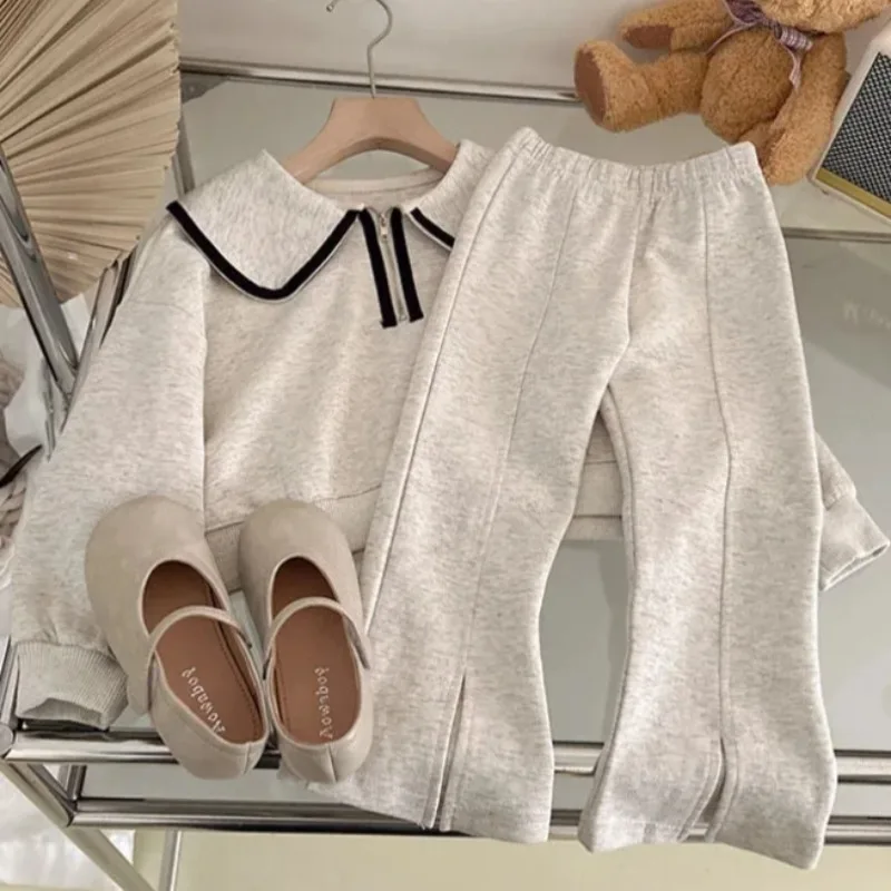 

3-7Y Girls Spring Hoodies Set Korean Children's Spring and Autumn Fashionable Baby Doll Collar Hoodie Pants Casual Two Piece Set