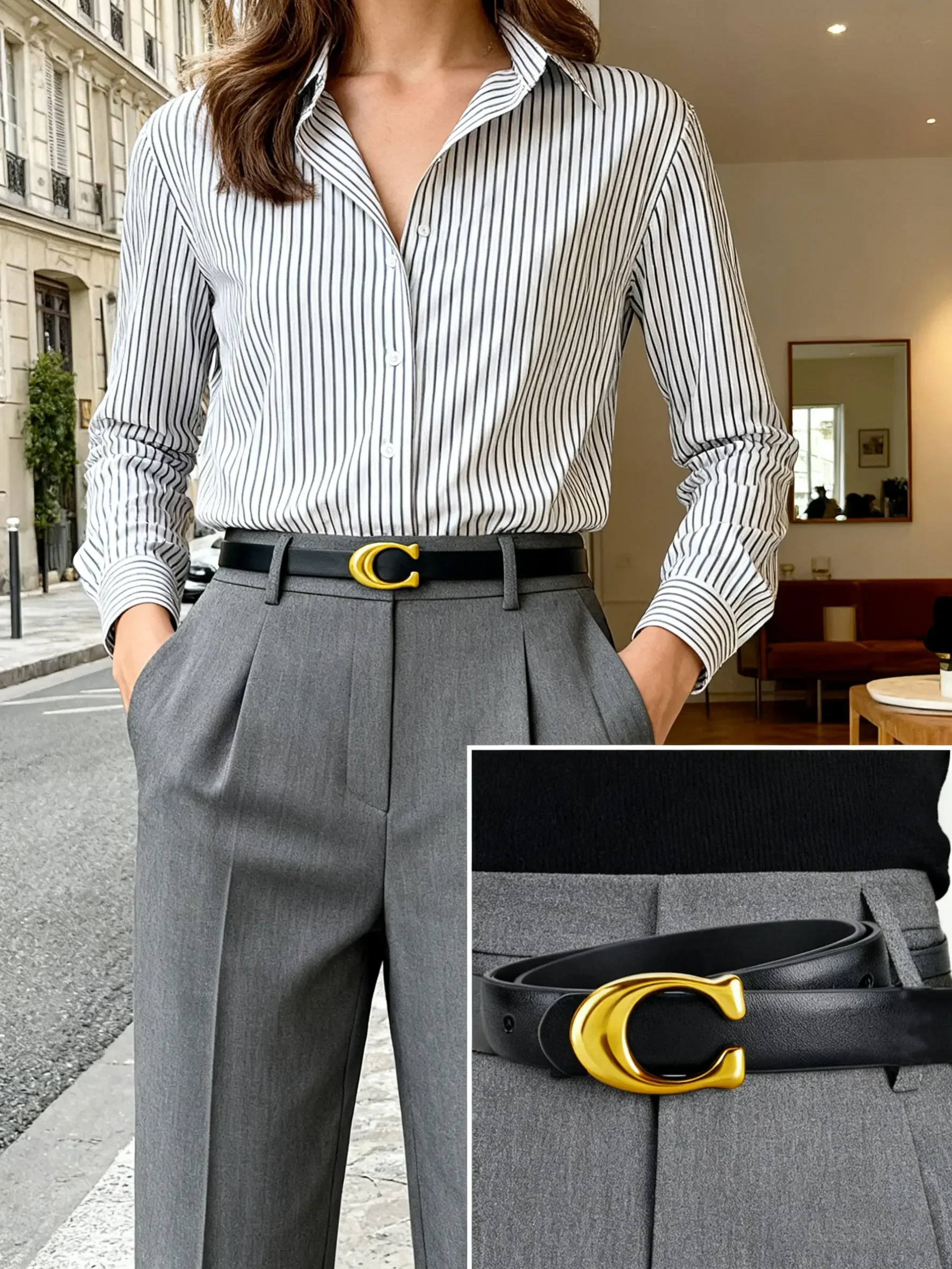 Mini C-shaped alloy buckle women's belt, durable PU material, sleek and stylish, easy to clean, available in multiple colors.