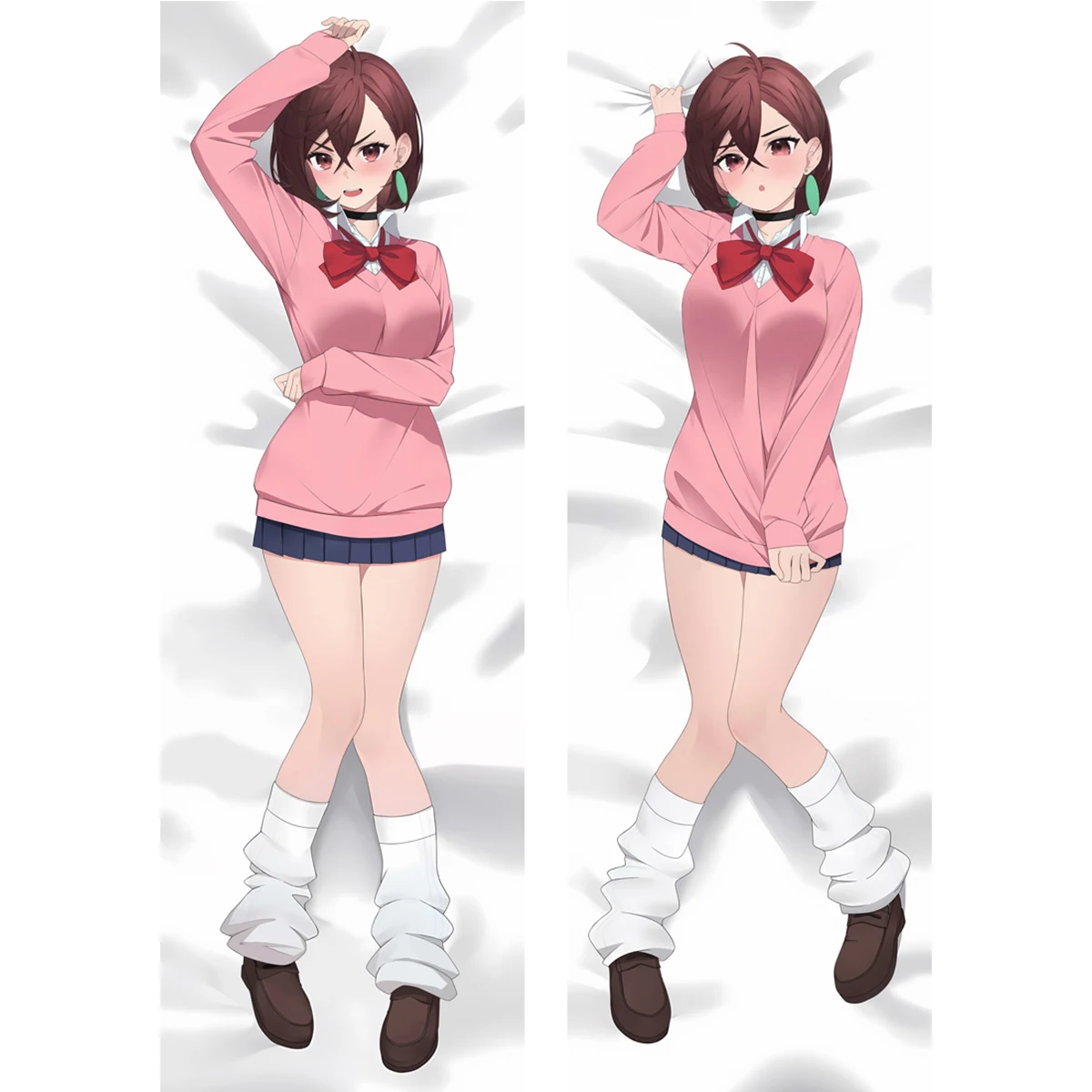 Anime Wine Red Short Hair Red Eyes Pink Sweater Navy Skirt Gyaru Girl Dakimakura Pillowcase Double Sided Long Body Pillow Cover