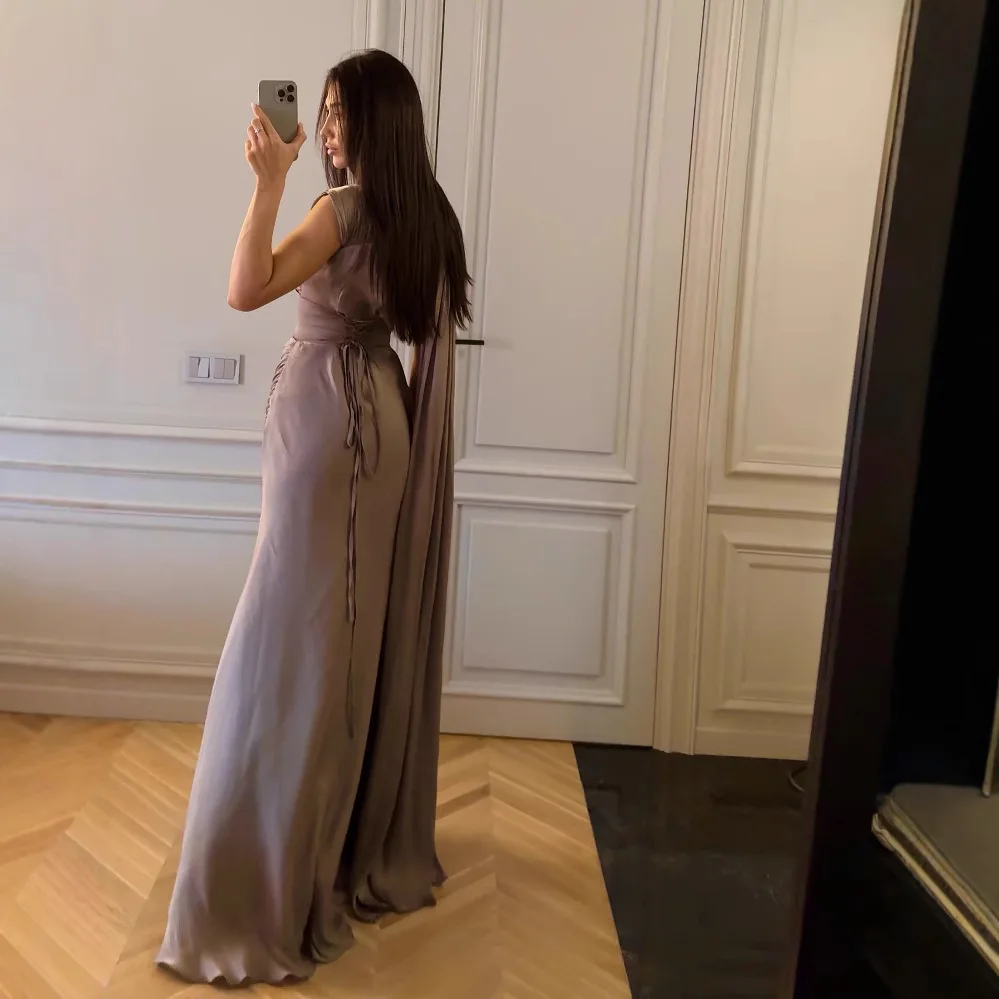 Wein Lady Female Folded Ribbon Satin Evening Dress Casual grey Party Formal Women Solid Evening Vestidos Elegantes Para Mujer