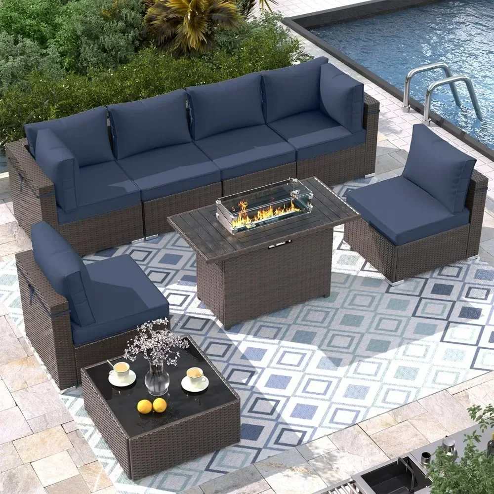 

8 Piece Patio Furniture Set with 43" Fire Pit Table, Sectional Sofa Set Heavy Duty Wicker Furniture Set with 2 Waterproof Covers