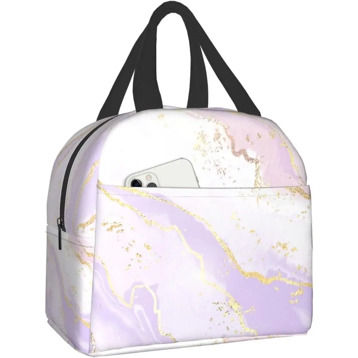 Pastel Pink Purple Gold Marble Insulated Lunch Box Cooler Tote for Adults Girl Women Work Office School Picnic Beach Reusable
