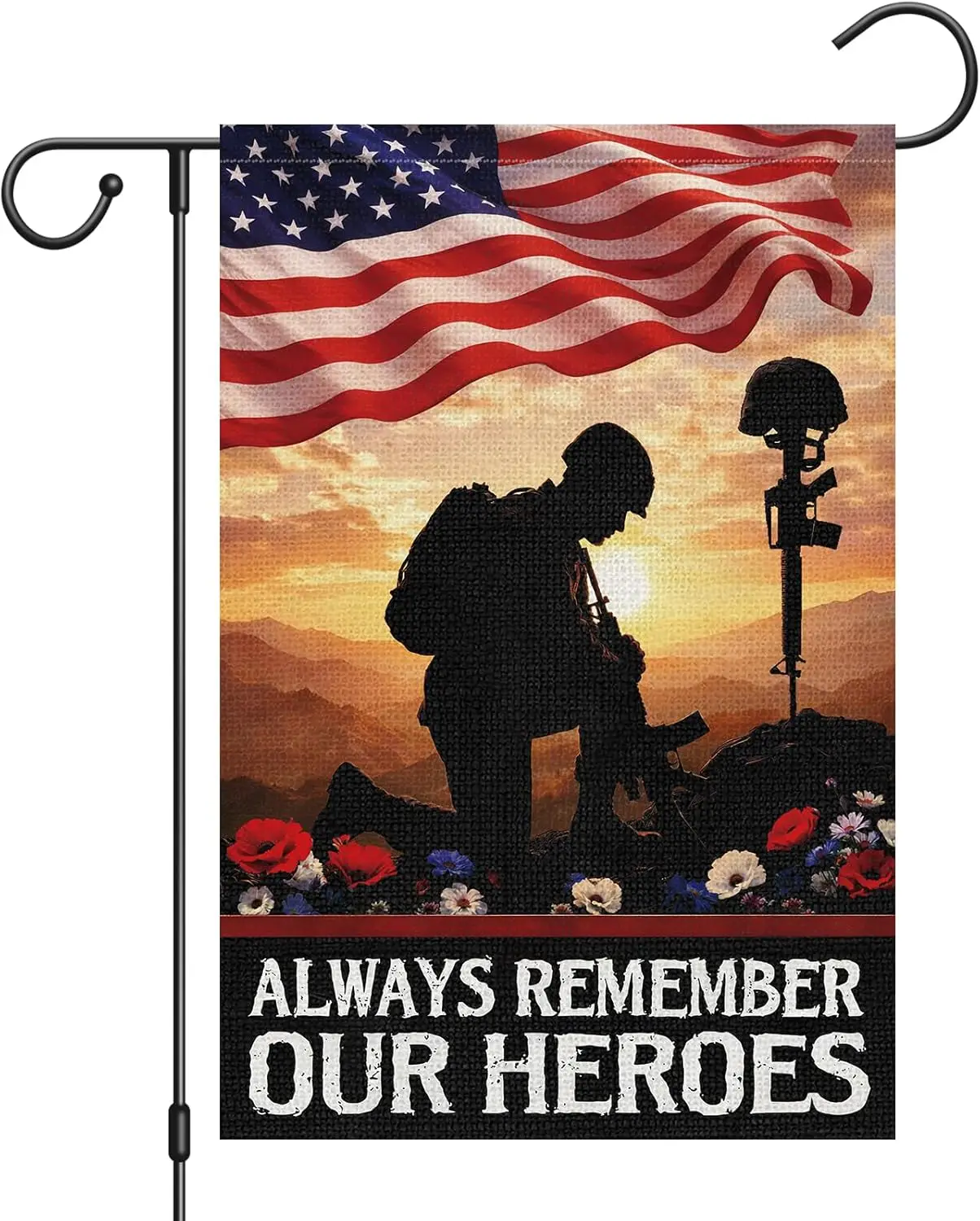 Heyfibro Always Remember Our Heroes Memorial Day Garden Flag 12x18 Double Sided Burlap, Patriotic Soldier Silhouette & A EEJ zzo