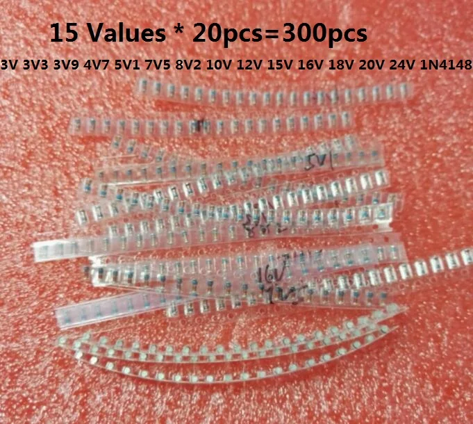 Free Shipping 15 Values * 20pcs=300pcs LL34 SMD Zener Diode Package 1/2W 3v-24v 0.5W 15 Kinds *20pcs=300pcs 1N4148 KIT