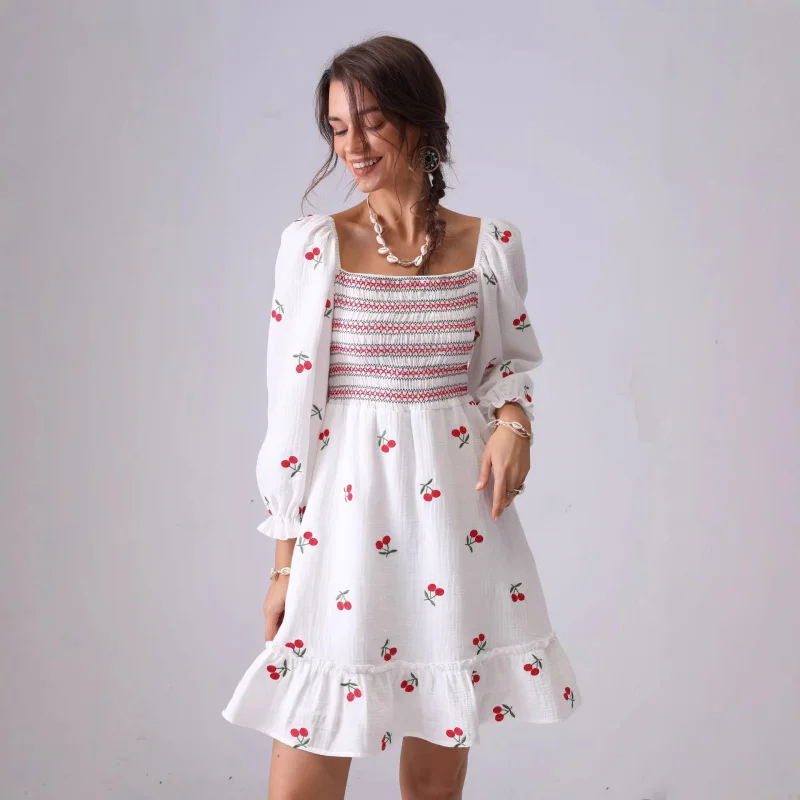 

Square-Neck Cherry Embroidered Dress Slim-Fit Waist, Puff Sleeve, Ruffle Trim, Short Dress