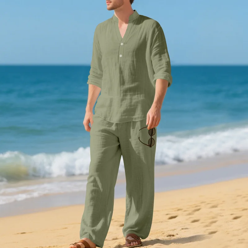 الكتان الرجال الجديدة فضفاضة عارضة تنفس الخامس الرقبة هينلي قميص طويل الأكمام السراويل دعوى