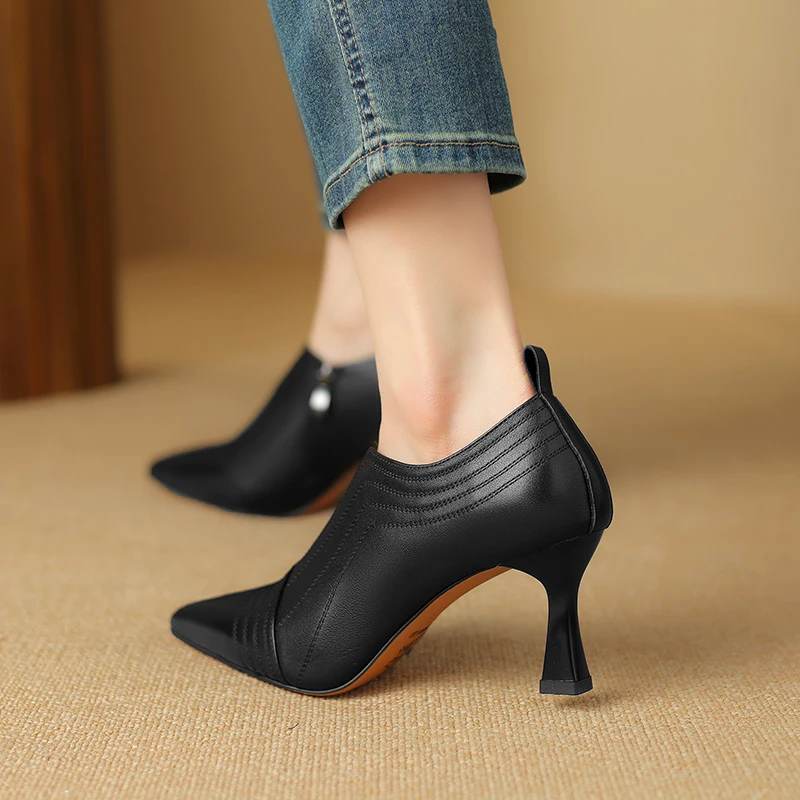 2024 new Women pumps natural leather 22-25cm washed cowhide+pigskin full leather thick heel pointed toe Vintage women shoes