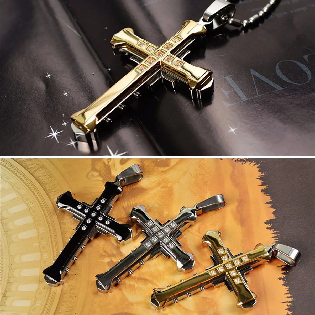 Religion Men's Large Byzantium Stainless Steel Cubic Zirconia Cross Necklace Pendant For Father Son
