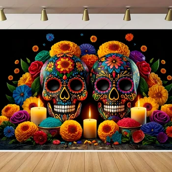 죽음의 날 배경 설탕 해골 꽃, 멕시코 피에스타, Dia DE Los Muertos, 파티 사진 장식, 사진 스튜디오 배경 