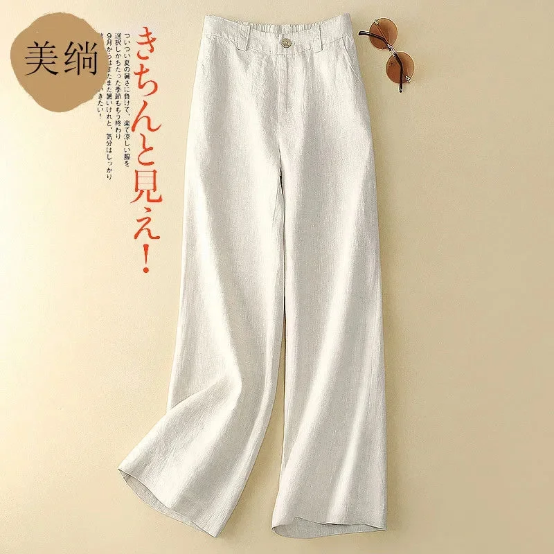 

Spring Summer Thin Women Cotton Linen Wide Leg Pants New Female Loose Straight Cylinder Trousers High Waisted Leisure Pantalons