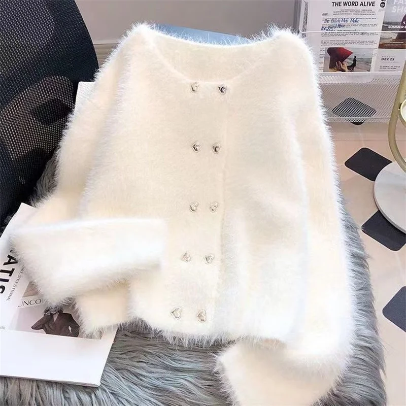 Sweter Rajutan Bulu Cerpelai Imitasi untuk Wanita 2025 Musim Semi Musim Gugur Musim Dingin Jaket Kardigan Rajutan Tampan Pendek Baru Pakaian Rajut