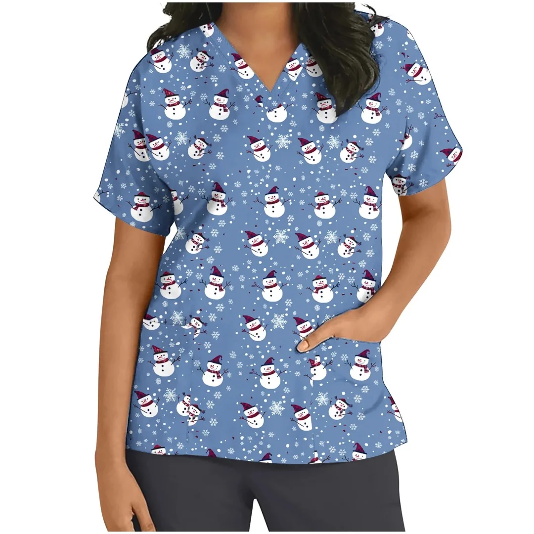 Uniforme sanitário feminino bonito boneco de neve impressão com decote em v manga curta bolsos micro material elástico topos uniformes clínicos feminino topo