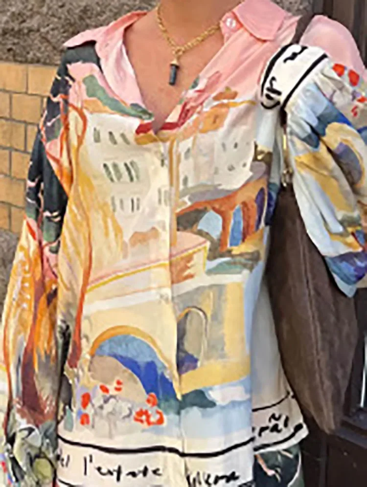 

Повседневные свободные осенние топы, модная рубашка с длинными рукавами и принтом, атласная женская однобортная футболка с воротником с лацканами