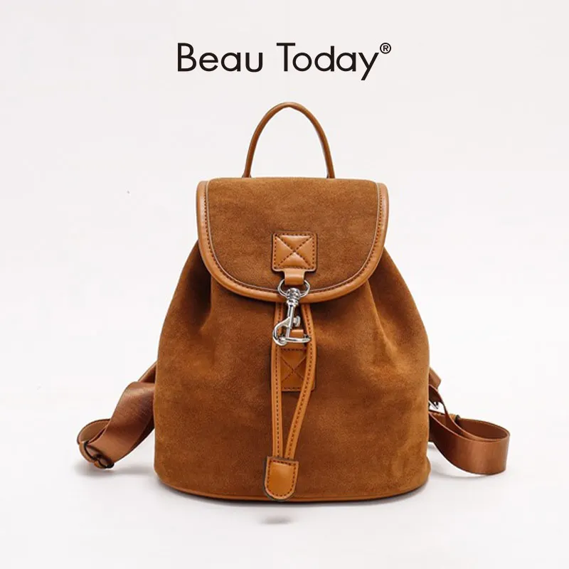 BEAUTODAY Brown Bags Women Genuine Suede Solid Color Metal Buckle Retro Style Trend 2023 Versatile Ladies Backpacks 63009