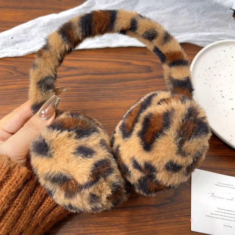 1 pçs leopardo impressão macio pelúcia aquecedores de orelha para mulheres inverno quente earmuffs moda ao ar livre frio dobrável earmuffs