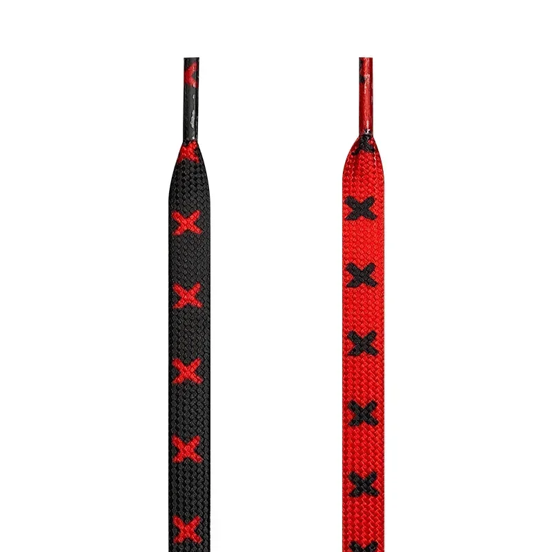 1 Paar neue, modische, flache Schnürsenkel für Sneaker, schwarz-rot, mit X-Streifen, für Schuhe in den Größen 120/140/160 cm, Schuhzubehör, Tennisschnürsenkel. – Detail 6