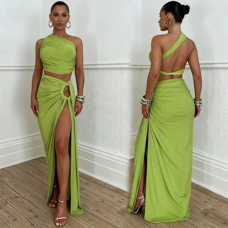 

2025 Новый сексуальный модный комплект из двух предметов, летний топ с разрезом на шее и длинная юбка с разрезом, комплект в отпускном стиле для женщин