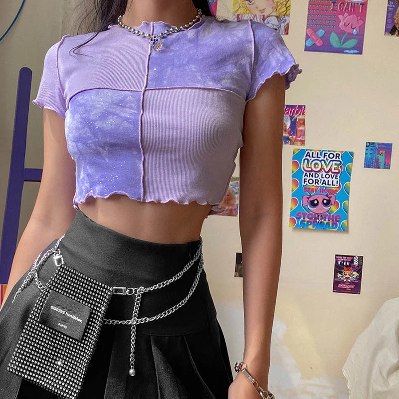 Chic Crop Tops Tees Tie Dye with Sequin Patchwork Women Summer T-shirts Ruffles Hem Purple or Bule Clothes