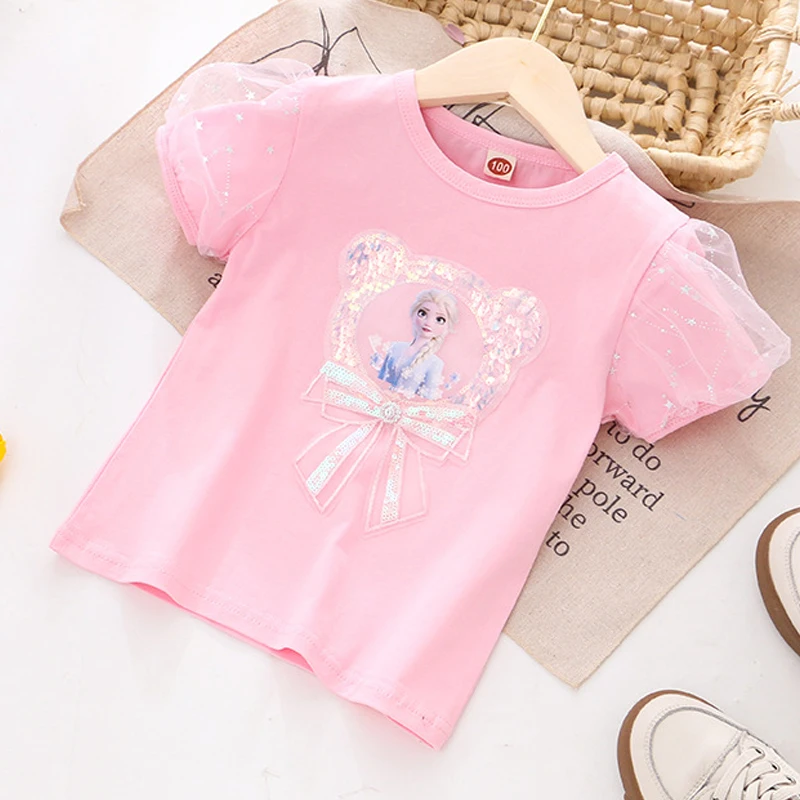 

Summer Kids Clothes Love Lace Frozen 2 Elsa Princess Short Sleeve T Shirts Pretty Little Girls Costume Children Tee Tops