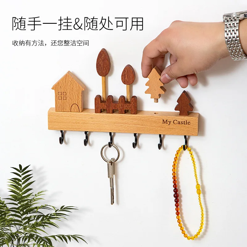 Creative New Wall Mounted Entrance Key Storage Rack With Solid Wood Wall Key Hooks, No Drilling Required Enter The Door