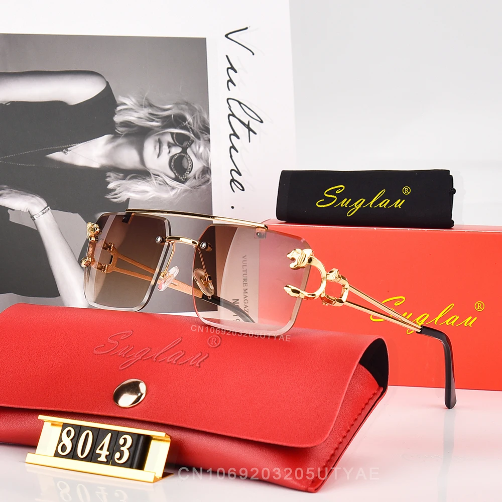 SUGLAU American Luxury Brand Women\'s Sunglasses Fashion Leopard Head Ultra Light Frame Metal Square Gradient Sun Glasses UV400