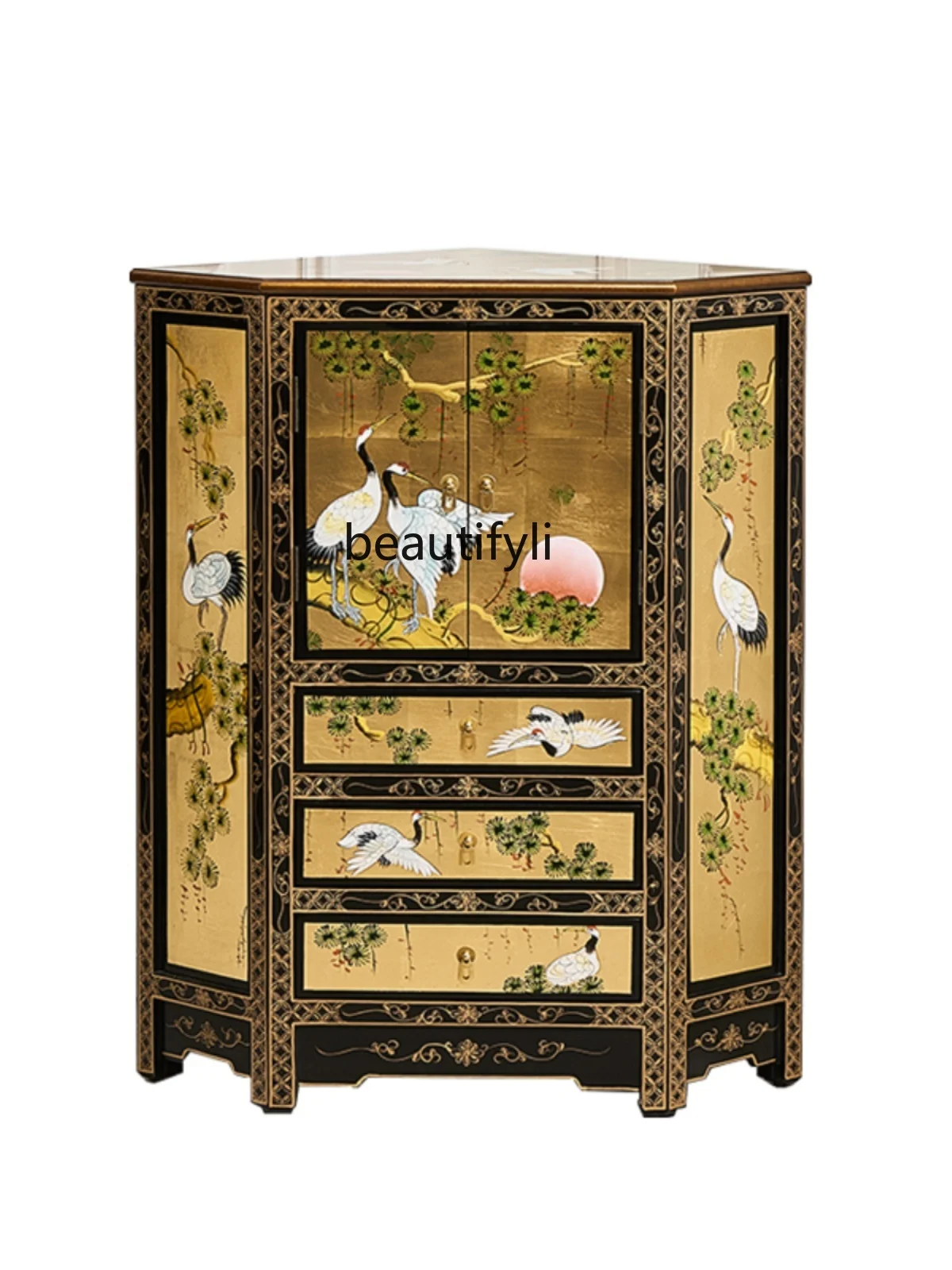 New Chinese Style Corner Cabinet Painted American Living Room Wall   Turn    Storage Complete Fan-Shaped Three Corner Cabinet