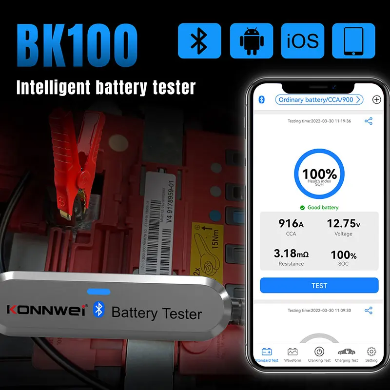 KONNWEI BK100 Bluetooth 5.0 Car Motorcycle Battery Tester 6V/12V Battery Analyzer 100 To 2000 CCA  Test Tools Enhanced Version