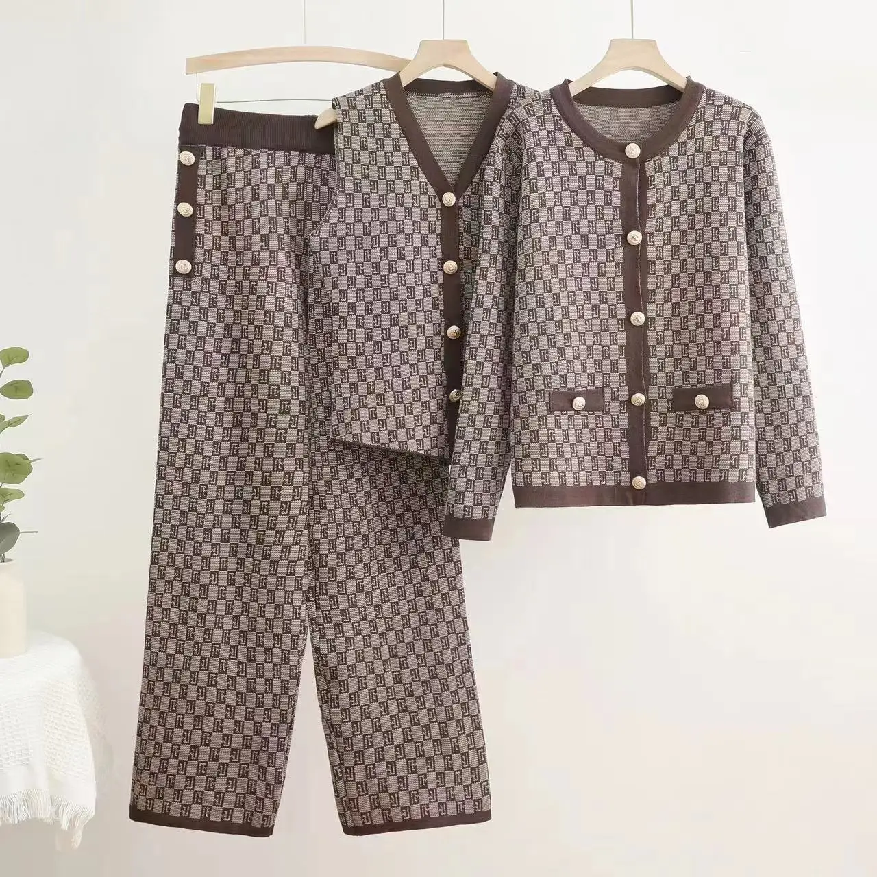 Spring and Summer Fashion New Button Versatile Slimming and Wide Leg Trend V-neck Vest Cardigan Knitted Three Piece Set