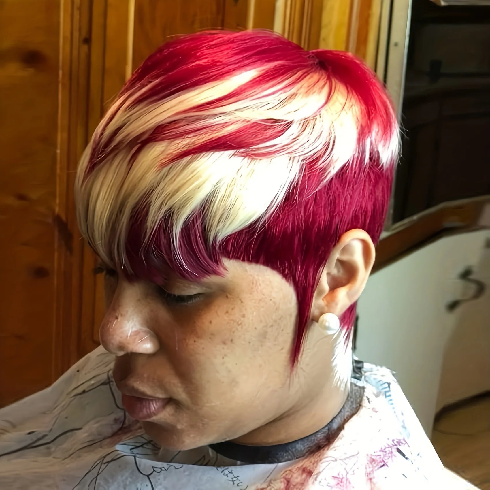 613オンブレ99J/レッドカラーピクシーカットストレート人毛ウィッグ女性用フルマシンメイドウィッグショートレイヤードストレートウィッグ（前髪付き）