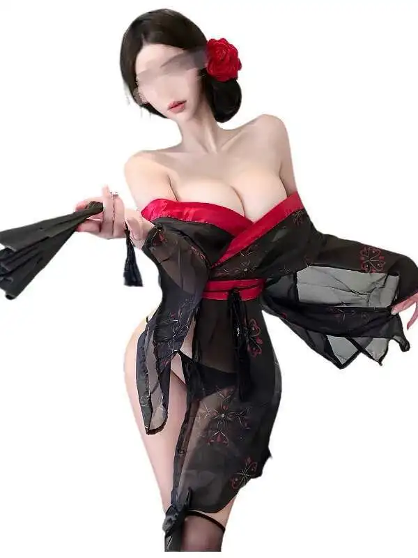 Sexy stile antico puro desiderio uniforme stampato abito kimono elegante scollo a V canotta mini abito maglia pizzo trasparente 2025 nuove magliette PYV8