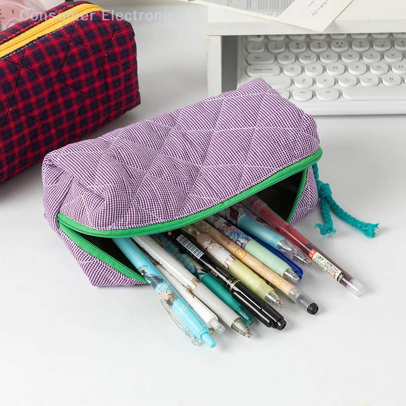 Simple Quilting Contrast Color Plaid Pencil Case Large Capacity Pouch Student Stationery Bag Travel School Supplies