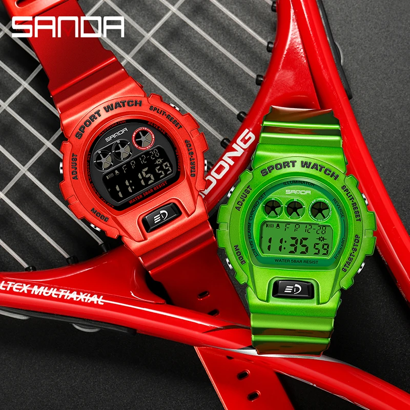 SANDA Personality Mens Electronic Watches Luminous Digital Multifunction Watch Red Strap 50M Water Resistant Relogio Masculino