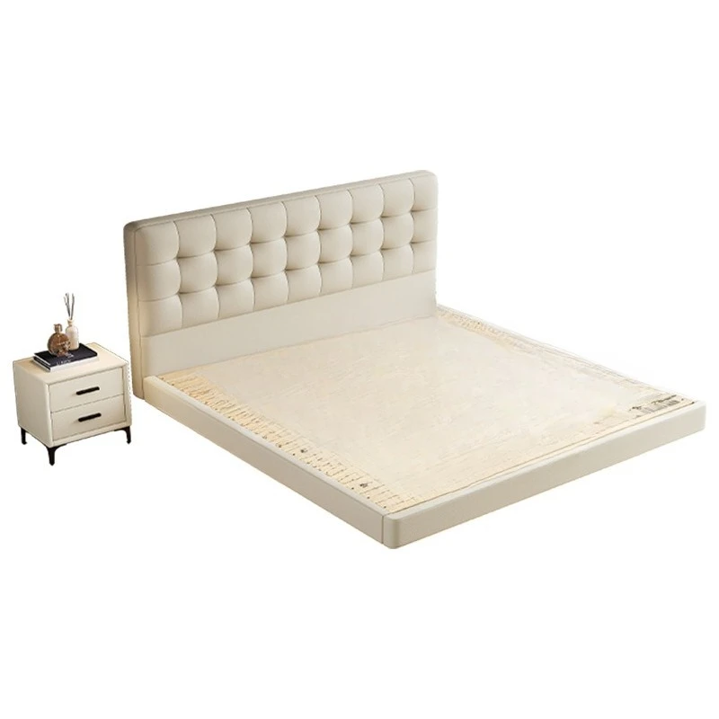 

All solid wood soft bag with flush edge suspension bed, modern simple medium and small apartment thin bedside bed, cream w