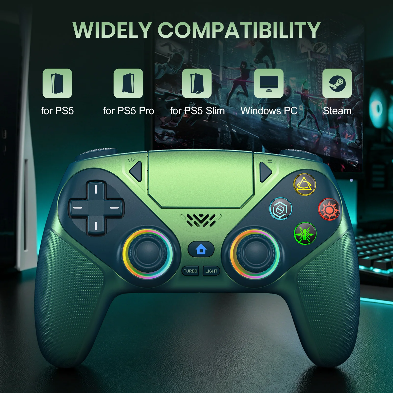 Controller For Playstation 5 PS5/PS5 Pro/Slim/PC,RGB BT Wireless Gamepads W/Hall Effect Trigger Marco/Turbo Anti-Drift Game Grip