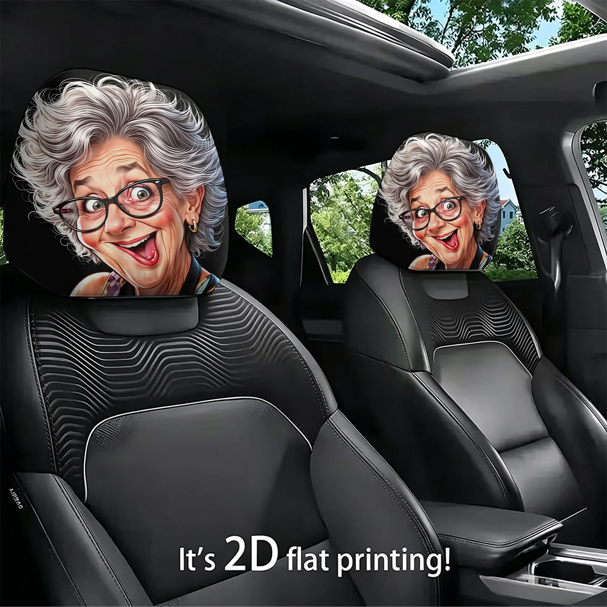 2pcs funny old lady-patterned car headrest covers to add a touch of playfulness to your car’s interior. Does not include filling